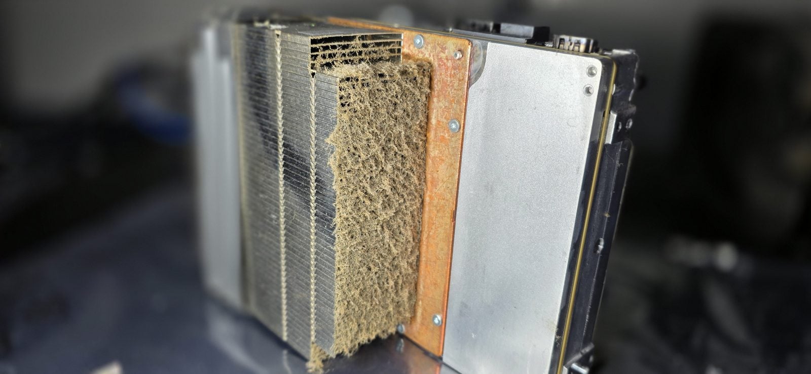 Xbox Series X heatsink packed with dust before an internal cleaning at Stealth Tech Pro in Stevens Point